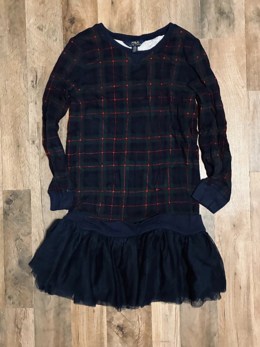 POLO RALPH LAUREN Girls Dress Tartan Plaid Long Sleeve Tulle Sweatshirt Large